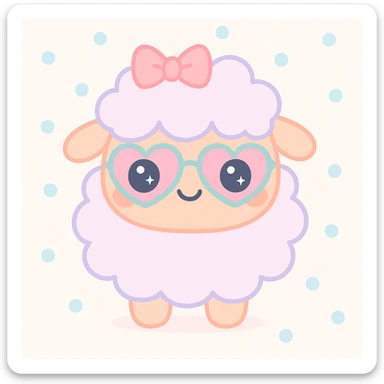 Add a pink bow and heart-shaped glasses to the kawaii fluffy sheep, keeping the cute and soft kawaii style with fluffy texture and pastel colors. sticker