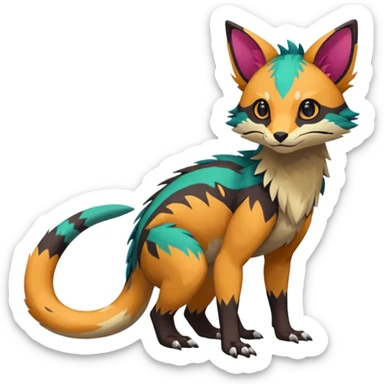 Rare realistic exotic edgy epic pretty beautiful handsome gorgeous aesthetic colorful vibrant Vernid-Trico-species-Fakemon-creature by LiLaiRa, 4 legs, 1 tail, random markings, (full body) sticker