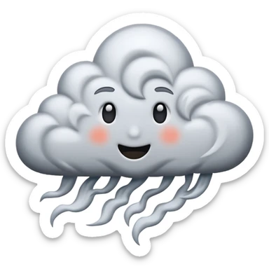 A powerful blizzard emoji icon: storm cloud with heavy swirling snow, strong wind lines, flying snowflakes, dynamic motion. White and gray tones, 2D emoji style, bold but simple shapes. sticker