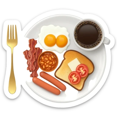 English breakfast full English breakfast with two eggs, bacon, sausage, beans, toast, and tomato оn a beautiful white plate with a gold fork and cup of coffee sticker