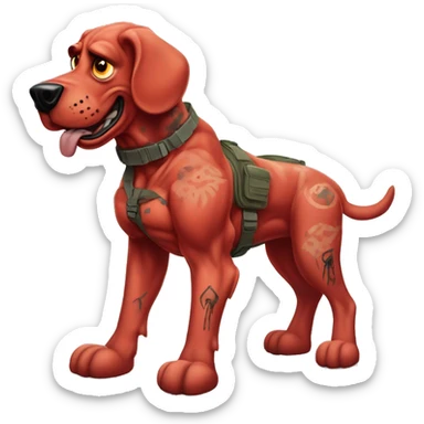Desert storm humanoid Clifford the big red dog muscled with tattoos on arms book illustration as a military call of duty character standing alone sticker