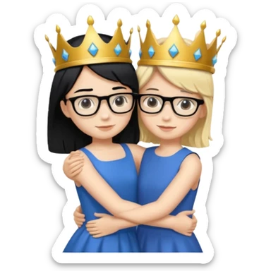 Boy in purple with black glasses and back hair hugging a blonde girl with a blue dress and gold crown sticker