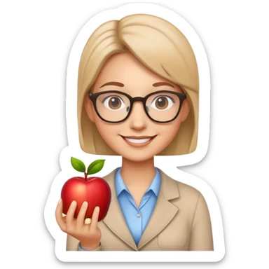 Cute smiling teacher with glasses and apple sticker
