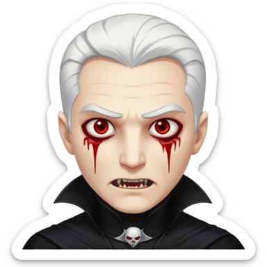 Creat a young man Vampire with white skin and white hair "make him have slide back hair" and full black vampire clothes and bloody eyes and long fangs and scary dead sleepy eyes and silver logo on his neck sticker