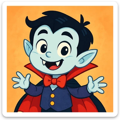 cute cartoon vampire boy, pale skin, smiling with fangs, playful expression sticker
