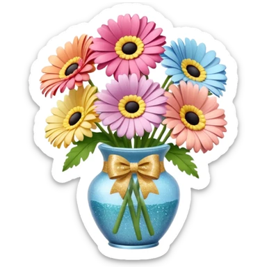 Various pastels Gerbera In a vase , with glitter bow  sticker