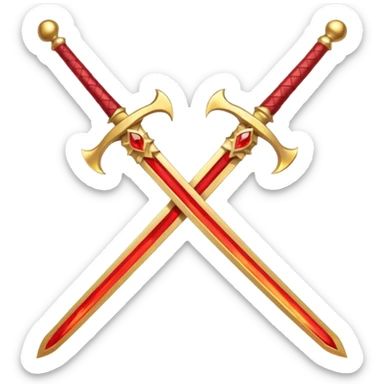 Two crossed swords that are golden in blade and handle and have fiery and royal appearence to them as well as red gem stones sticker