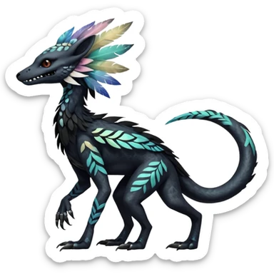 Rare realistic tribal patterned whitish pastel colorful iridescent shiny glossy feathery epic handsome gorgeous aesthetic black-skulled Vernid-Trico-Sergal-Salandit-Nargacuga-species-Fakemon-creature by LiLaiRa, 4 legs, 1 tail, random markings, (full body) long ears sticker