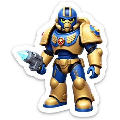 Clash of Clans aesthetic: Cinematic Playful Space Marine Hero Emoji, rendered in a 3D vector-style similar to standard emojis with minimal shading and bold, simplified shapes. A compact, heroic isometric figure clad in futuristic power armor with signature energy accents, softly glowing with a cosmic battle charm. Simplified yet unmistakably iconic, highly detailed and consistent, glowing with a soft radiant shine and high gloss. Stylized with a touch of interstellar valor and a soft glowing outline, capturing the essence of an elite space warrior with a friendly, playful manner! sticker