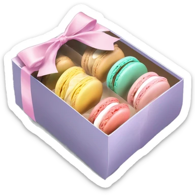 Realistic flat transparent clear take away food box with pastel macaron cookies inside the box with ribbon bow tied around the box. sticker