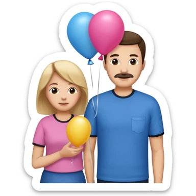 Mom in pink shirt dad in blue shirt holding 1 baloon black sticker