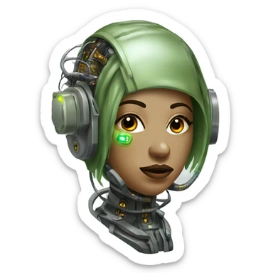Olive green hair female cyborg head with respirator mask and circuits sticker