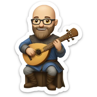 a bald, bearded guy with glasses, playing a lute in medieval attire sticker
