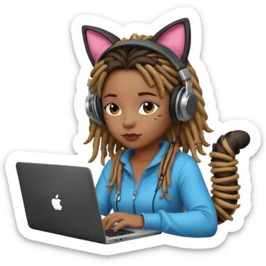 black girl with dreads who works remotely through a laptop with headphones that have plastic cat ears connected to the headphones.  sticker