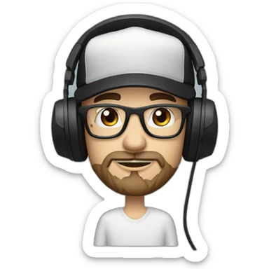 scruff white man in a backwards baseball black hat and rectangle glasses wearing headphones with microphone - brown hair sticker
