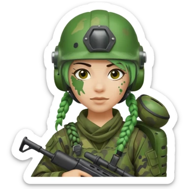 paintball player with geared face braided green hair sticker