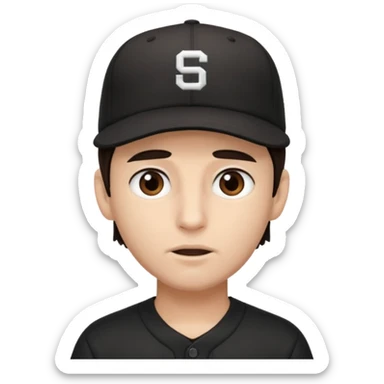 male, dark brown hair, dark brown eyes, fair skin, black baseball hat, no teeth sticker