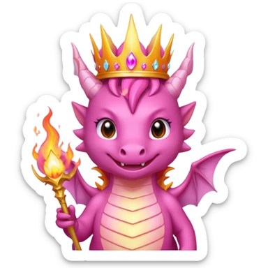 cute pink dragon queen with glowing magic flame in front of mouth, pink and orange energy flame, sparkling aura, crown, kawaii fantasy style, transparent background, twitch badge sticker