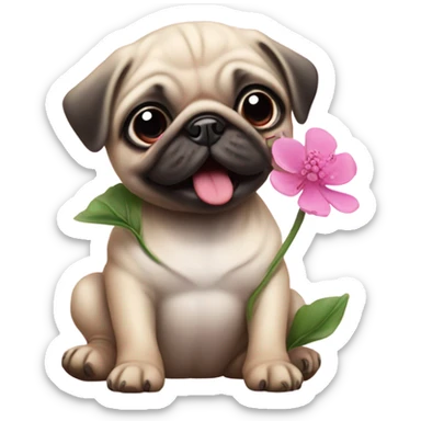 Baby pug playing with a flower pink eyes  sticker