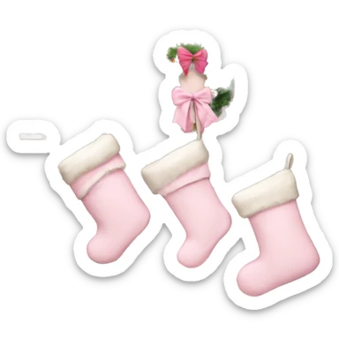 4 pale pink Christmas stockings hanging from a light brown fireplace mantle  sticker