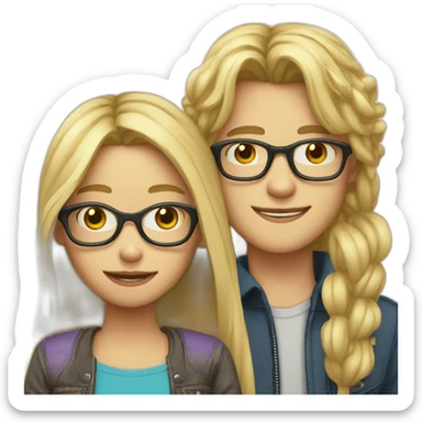 Blond long hair girl with blond boy with glasses, love sticker