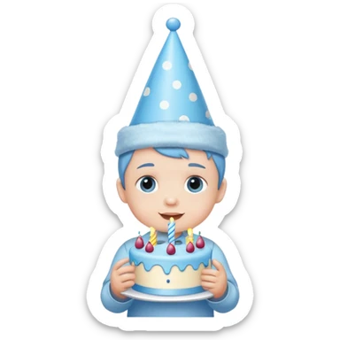 cute baby boy with pastel blue birthday hat and blue cake sticker