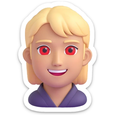 Japanese man with red eyes and blond hair, smiling, 3D emoji style sticker