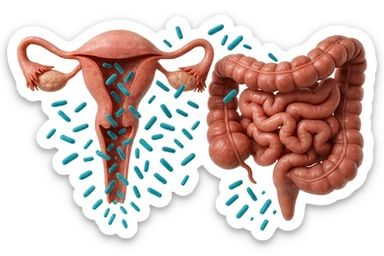 UTERO UMANO E INTESTINO ANATOMICI REALISTICI SONO UNO ACCANTO ALL'ALTRO E SI PASSANO I BATTERI A VICENDA, CON BATTERI CHE ESCONO DALL'INTERNO, IPERREALISTICO 4K, NON DISEGNATO sticker
