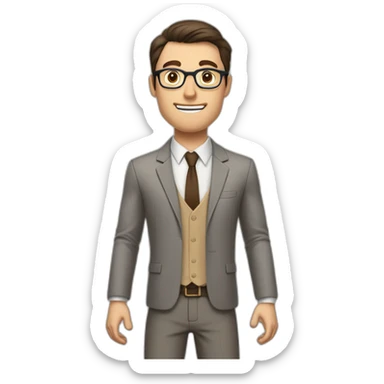 To belt Actively gesturing with hands Pale skinned fit man teacher with dark brown hair in gray jacket, beige office shirt, brown tie, brown pants and vintage glasses. sticker