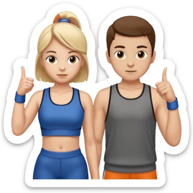 Girl and boy in gym clothes who points out sticker