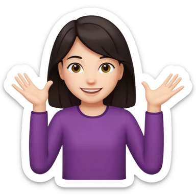 Dark hair girl holding arms out with smile sticker