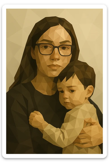 Transform the image into a polygonal style illustration of a brunette woman with glasses and her child, with a neutral background, inspired by the reference image style. sticker