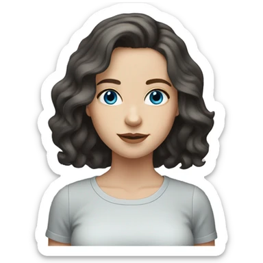 Brunette white girl with blue-grey eyes and medium length wavy hair in a black shirt sticker