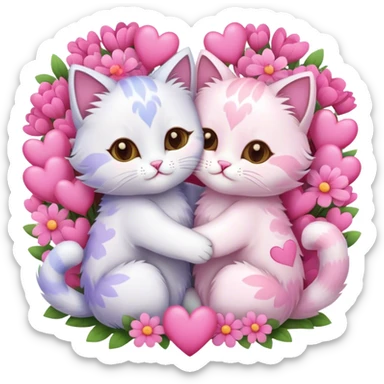 Cute cats hugging each other surrounded by pink hearts and flowers  sticker