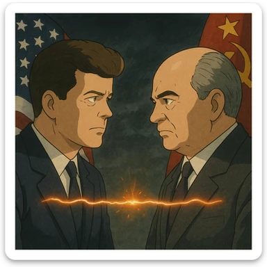 realistic illustration of John F. Kennedy and Mikhail Gorbachev facing each other, a glowing hot wire connecting them, US and Russian flags, tense Cold War atmosphere sticker
