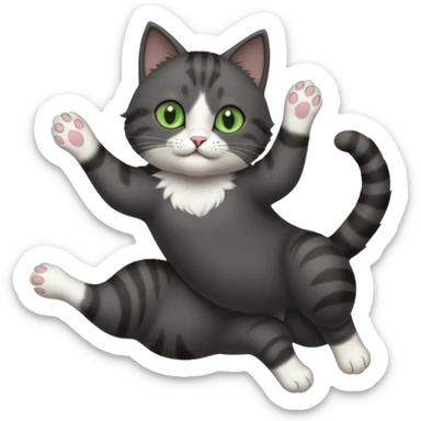 solid dark grey cat with green eyes, white toes/paws and white patch on her chest playfully rolling upside down sticker