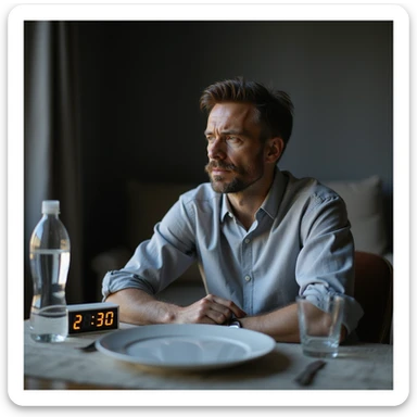 hyperrealistic 4K image of a man sitting at a table with an empty plate, next to a digital clock showing clearly '23:00', a bottle of water and a glass, serene but slightly tired expression, minimalist Zen environment, soft natural light, detailed facial features sticker
