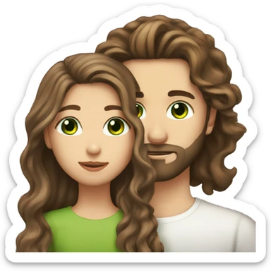 Girl with brown long wavy hair and green eyes kissing man with brown hair and beard with brown eyes sticker