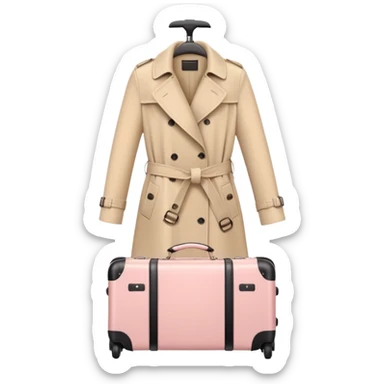 Beige trench coat draped over pastel pink carry-on luggage, minimal backdrop sticker