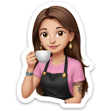 Fille cheveux long châtain, peau beige type européen yeux marron, teeshirt rose avec un tablier noir, piercing au nez anneau doré, boucle d’oreille diamant doré. Elle boit un café Tatouage à la gorge sticker