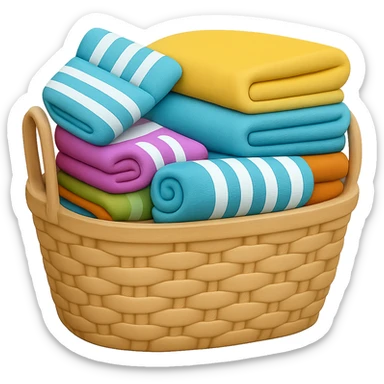 Make the wicker basket a little lighter in color, keep towels and socks overflowing with folded towels on top, in the style of emoji. Remove the background. sticker