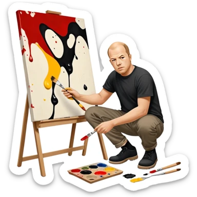 Jackson pollock the abstract artist flicking black white and red paint from a brush onto a canvas at his feet sticker