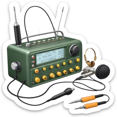 A photorealistic icon featuring a ham radio transceiver, headphones, microphone, antenna, radio equipment like soldering tools and cables, soldering iron in use. The design includes detailed textures and realistic lighting. Transparent background. sticker