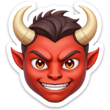Demon cartoon emoji character, head and shoulders included (chest-up crop), centered face, confident and edgy expression, sharp eyes, subtle smirk, small curved horns, clean stylized face, not cute, not scary, modern emoji-style illustration, bold colors, smooth shading, high readability sticker