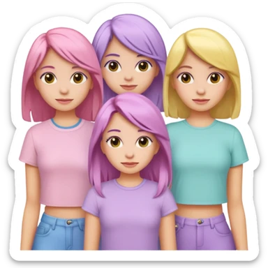 group of five girls, each with a different pastel top and hair color, emoji style sticker