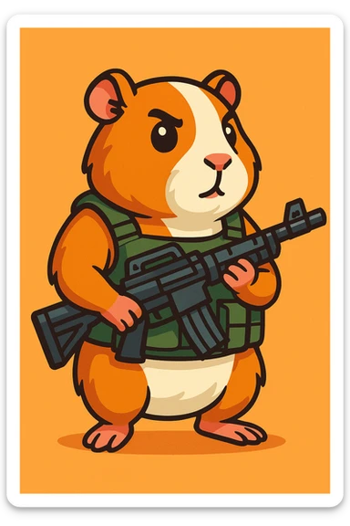 full-body guinea pig in a tactical vest, holding a rifle, cartoon style, detailed sticker