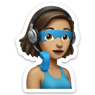 brunette woman with headphones. left eye brown and right eye blue sticker