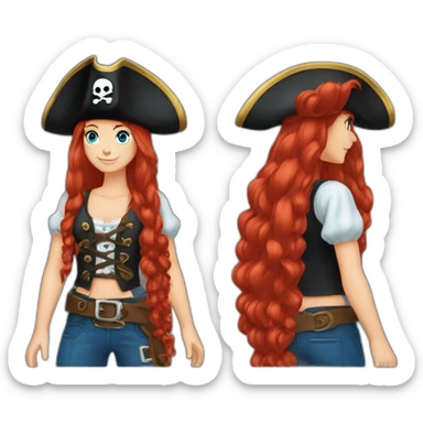 Woman long red hair on one side in a platt.pirate hat. One side of head has no hair. Blue eyes. skull and crossbones t shirt sticker