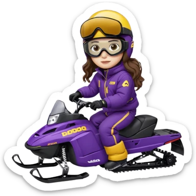 Brown, long wavy hair, ski-doo jacket and pants ski doo boots helmet and goggles, dark purple sled Sitting on dark purple snowmobile goggles and helmet not covering my face brown eyes white skin dark purple formula 1995 snowmobile change sled color dark purple and white not yellow sticker