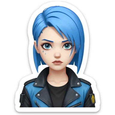 Cyberpunk woman, blue hair, stern expression, only head sticker